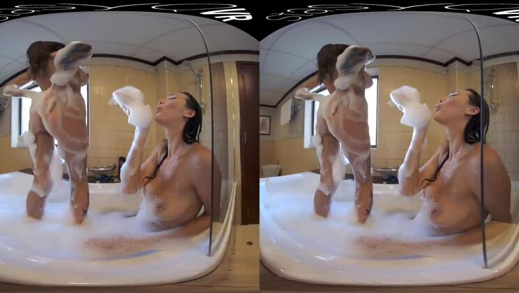 Hot busty lesbian lovers taking a steamy bubble bath in this VR video