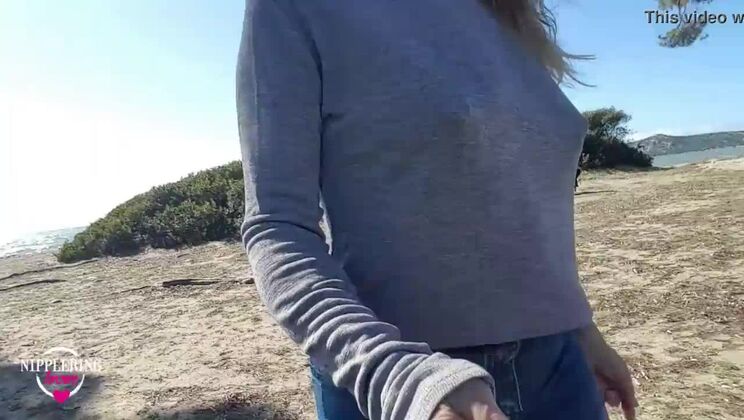 nippleringlover walking on the beach and flashing pierced tits with huge pierced nipples and big nipple rings