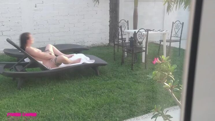 family vacation (part 1) I recorded my stepsister sunbathing naked and masturbating in the garden