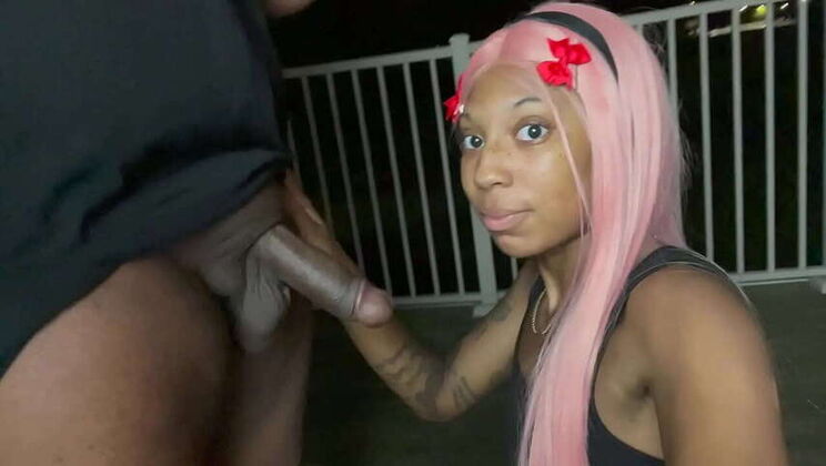 Young, petite Ebony in public gets her first facial with a cumshot to the face