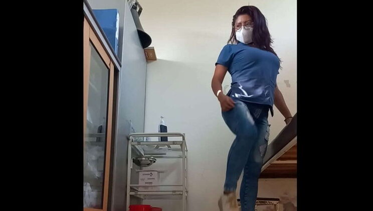Lonely Latina Nurse Plays with Her Big Tits at Work