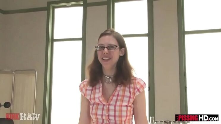 Skinny Brunette Amateur in Glasses Gets Pissed On in Closet