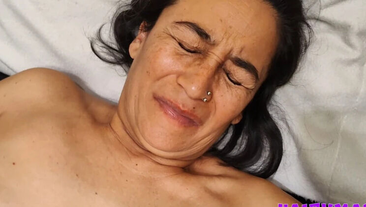 Hairy Mature Mom Fucks Herself with Big Dildo - Tight Pussy Penetration