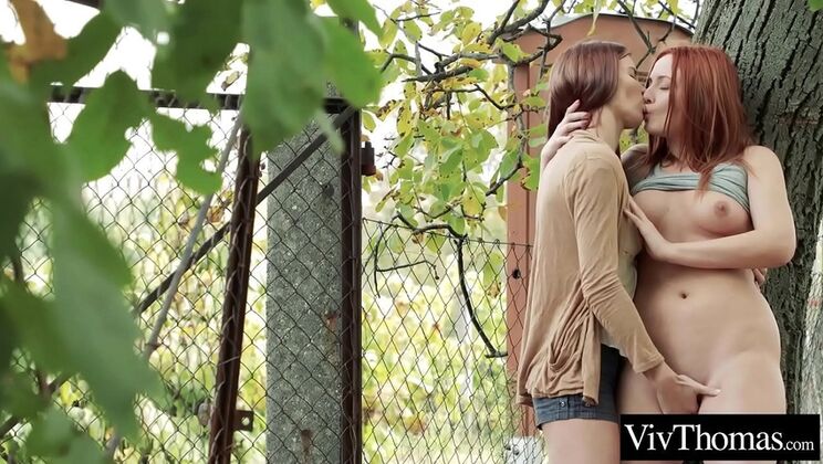 Hot redhead lesbian fingers stranger outdoors - pussy licking & orgasm