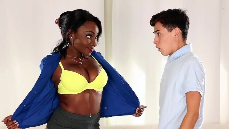 Black MILF stepmom catches stepson jerking off - interracial porn