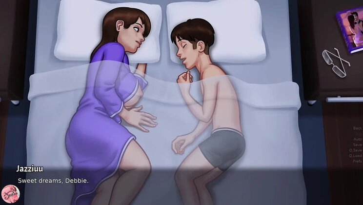 Jazziuu fucks her stepmom's big natural tits in bed - Summertime Saga MILF action