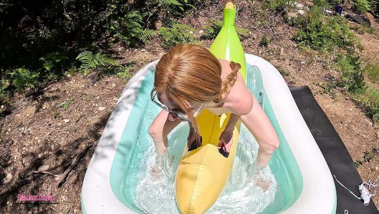 Petite Redhead Kat Humps Banana Float in Pool - Small Tits Grinding and Masturbating Orgasm