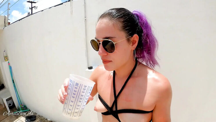 April BigAss Drinks Pee and Swallows Cum in Outdoor Garden Blowjob