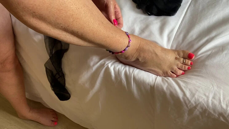 Mature British Mrs MF Layered Up in Blue Stockings - Big Natural Tits & Feet Amateur Homemade