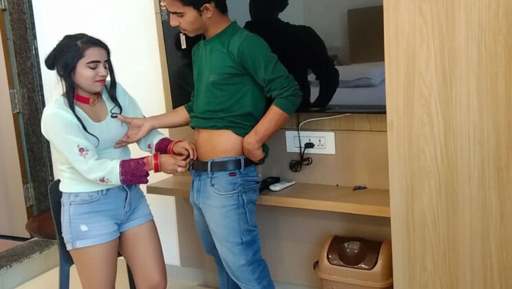 Indian homemade sex: Amanraza9 fucks 18 year old Baby Kajal's tight pussy doggy style while watching TV