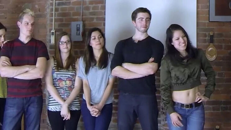 Skinny Brunette Teen Loses Bet and Strips Naked for Neighbor - Hot Striptease Game