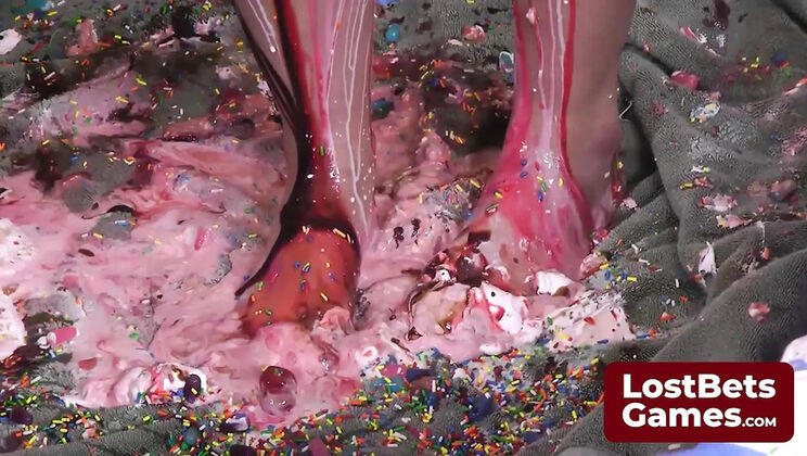 Amateur Lesbian Strip Game with Big Natural Tits - Girls Take Turns with a Knob for a Messy Facial