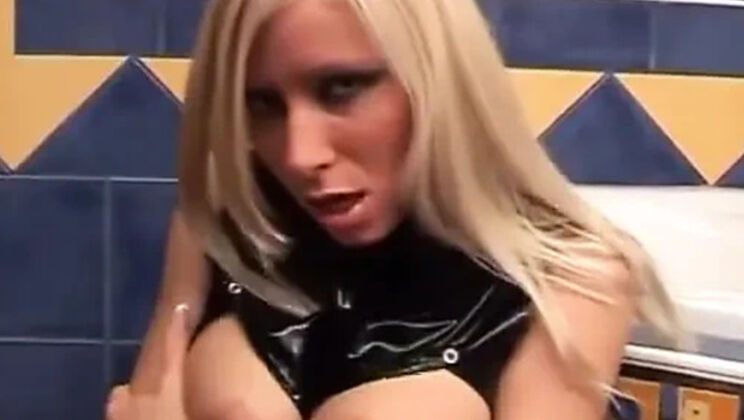 Blonde Mistress in Latex Dress Rides Cock and Swallows Cum in Bathroom