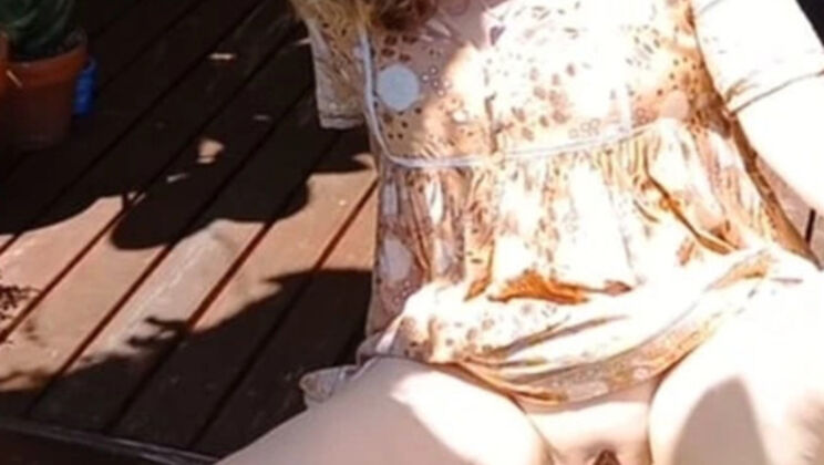 Mature Blonde Amateur Suns Her Bald Pink Pussy Outdoor Close Up Spread