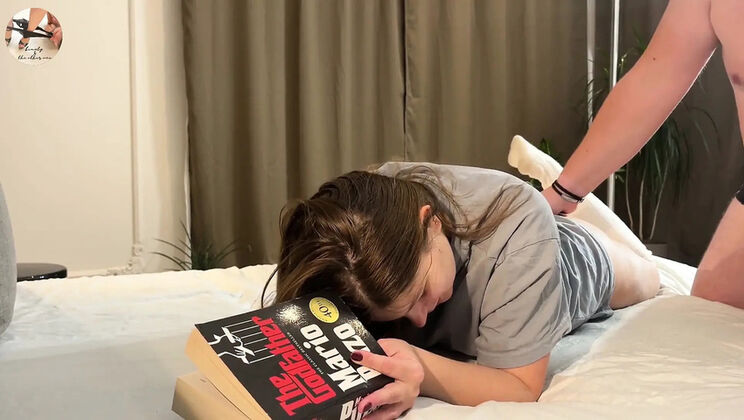 Quick Anal Creampie Interrupts Reading - Petite Brunette Gets Rough Ass Pounding