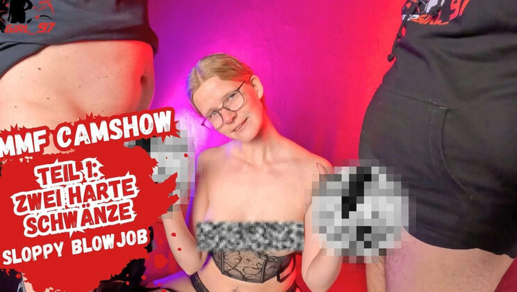 German Teen Cam Show MMF Threesome - Blonde Skinny Girl Sloppy Blowjob & Double Penetration