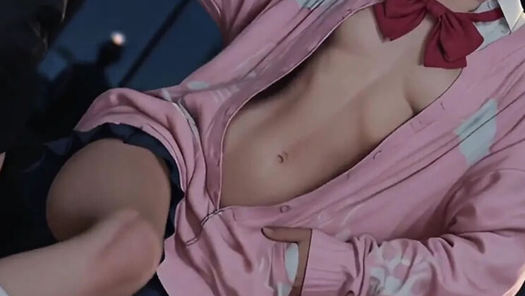 Red Bow Undone, Blue Skirt Up, Pink Nipples Out in Soft Light - Hentai Seduction