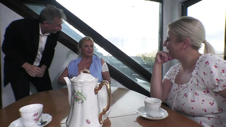Two Blonde Cougars With Massive Natural Tits Get Their Pussies Fucked in a Threesome