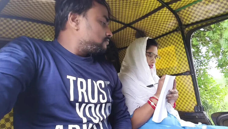 Sona Bhabhi Sucks My Big Dick Inside an Auto While I Masturbate | Indian Blowjob & Cumshot