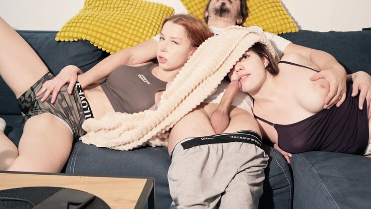 Secret Blowjob from My Stepsisters While Watching TV