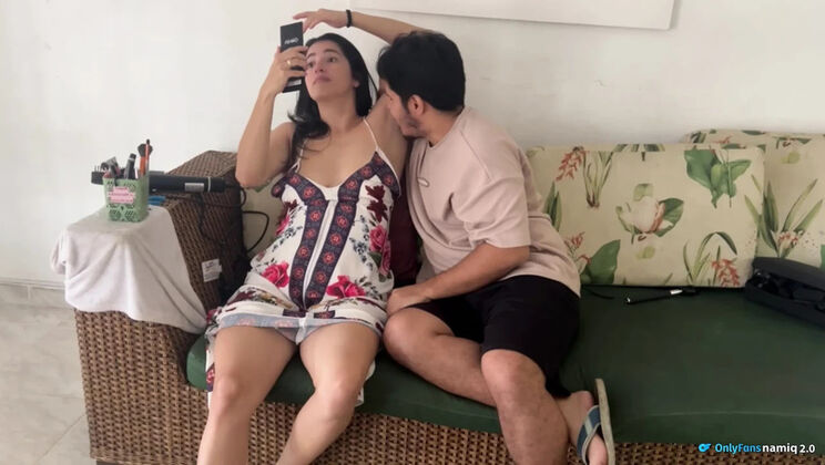 Stepsister gets cum on couch in family home POV